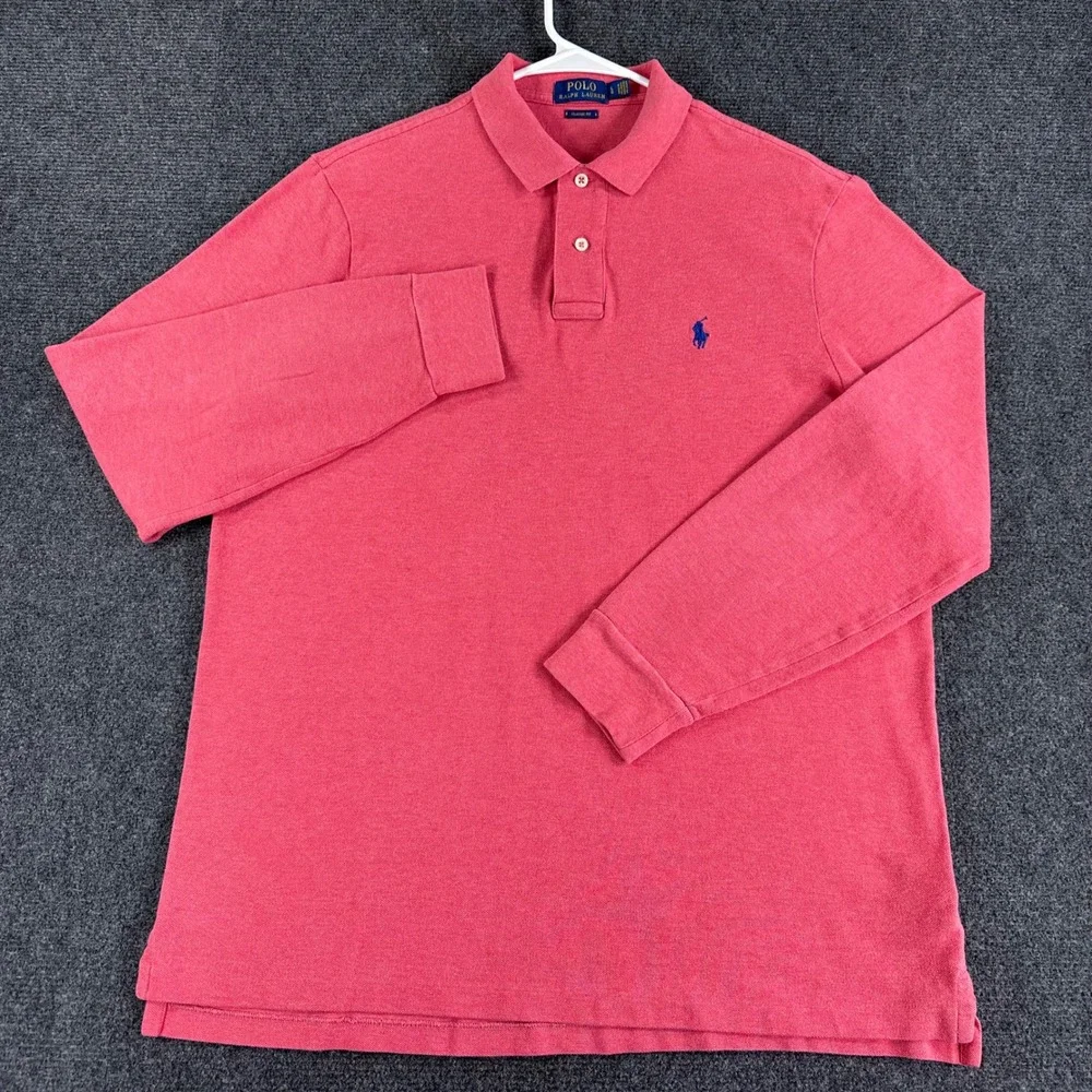 Polo Ralph Lauren Polo Shirt Mens LG Large‎ Pink Long Sleeve Classic Fit Pique